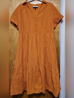 ELOQUII Orange Eyelet Cotton Dress 18 Midi Shirt Dress Tiered Fit & Flare Plus